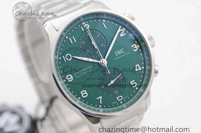 MIROTIME 1223 FastDry Portugieser Chronograph IW371615 ZF Best Edition Green Dial on SS Bracelet A7750 (Slim Movement) 7038